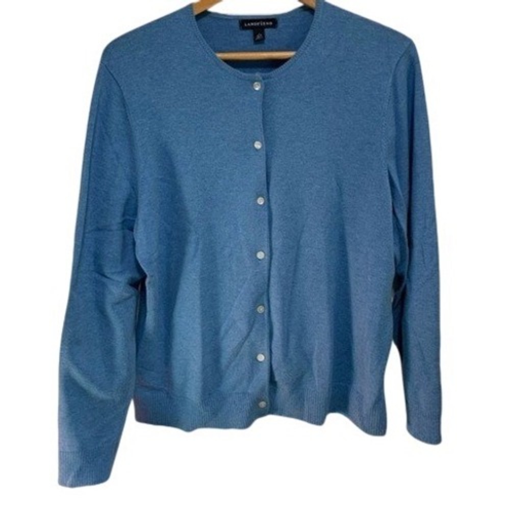 Lands End Cardigan Sweater L 14-16 Blue Cotton Blend Preppy Classic Minimalist